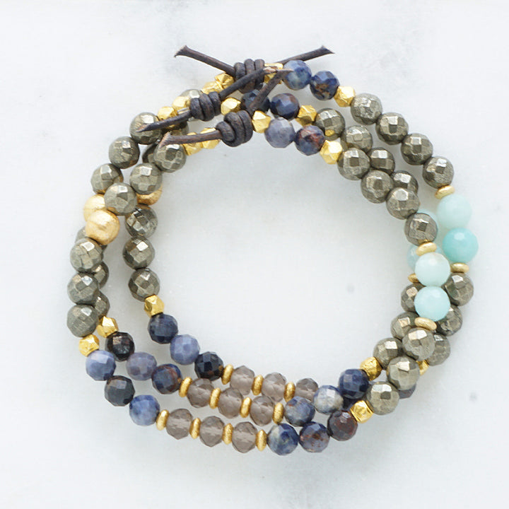 Trailblazer Mini Bracelet Stack of Three, 6mm Gemstones, Pyrite, Amazonite, Sapphire, Smoky Quartz, Gold Accents, Blue Leather Knot