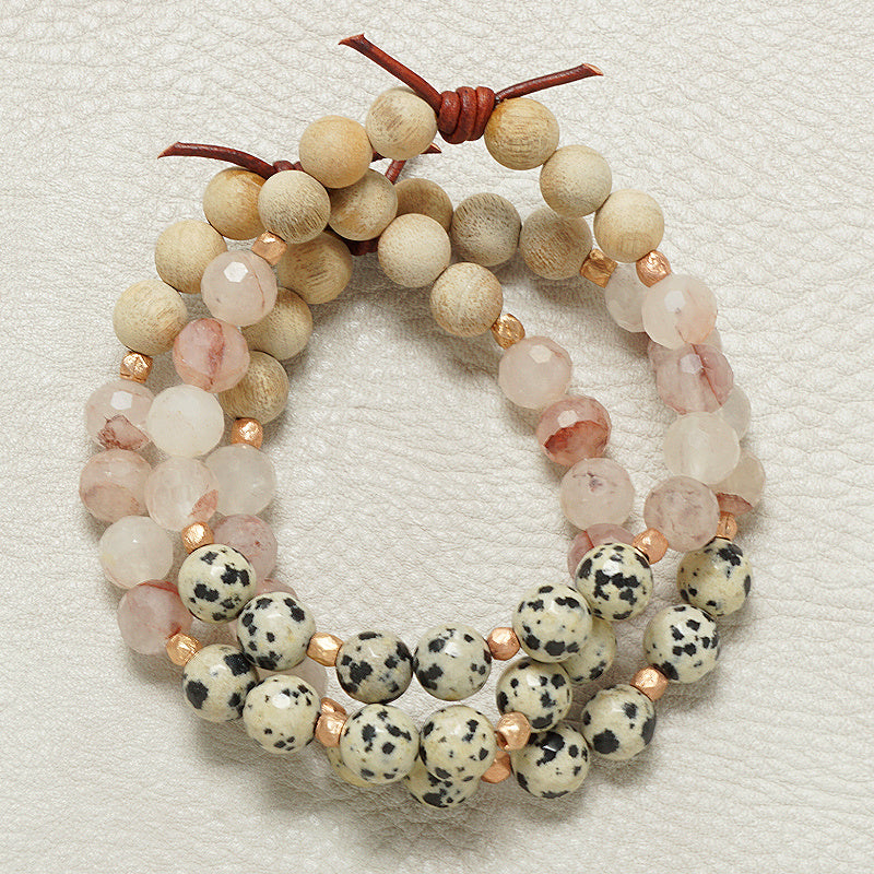 Trust Your Journey Blush Bracelet, 8mm Gemstones, Dalmatian Jasper, Blush Crystal, Silkwood, Rose Gold Accents, Leather Knot