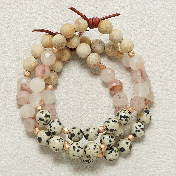 Trust Your Journey Blush Bracelet, 8mm Gemstones, Dalmatian Jasper, Blush Crystal, Silkwood, Rose Gold Accents, Leather Knot