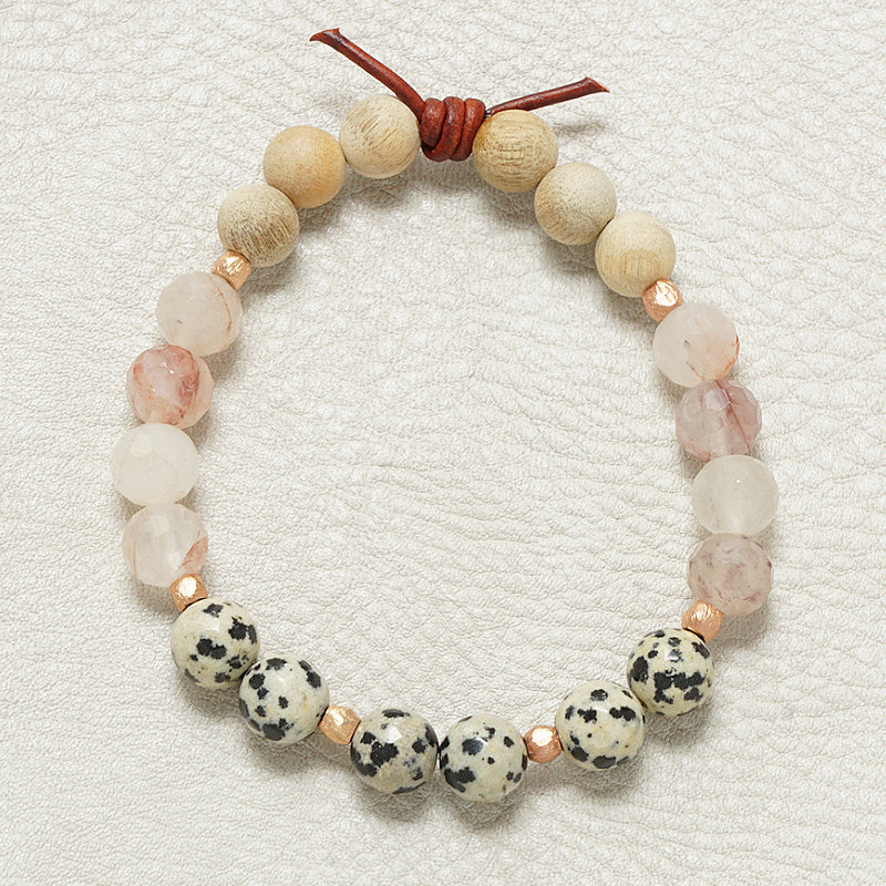 Trust Your Journey Blush Bracelet, 8mm Gemstones, Dalmatian Jasper, Blush Crystal, Silkwood, Rose Gold Accents, Leather Knot