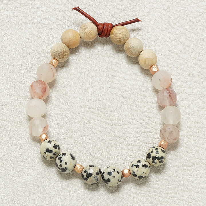 Trust Your Journey Blush Bracelet, 8mm Gemstones, Dalmatian Jasper, Blush Crystal, Silkwood, Rose Gold Accents, Leather Knot