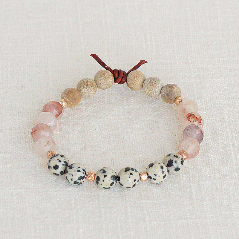 Trust Your Journey Blush Bracelet, 8mm Gemstones, Dalmatian Jasper, Blush Crystal, Silkwood, Rose Gold Accents, Leather Knot