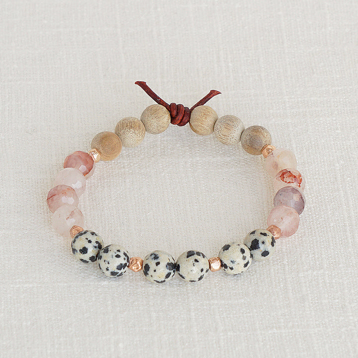 Trust Your Journey Blush Bracelet, 8mm Gemstones, Dalmatian Jasper, Blush Crystal, Silkwood, Rose Gold Accents, Leather Knot