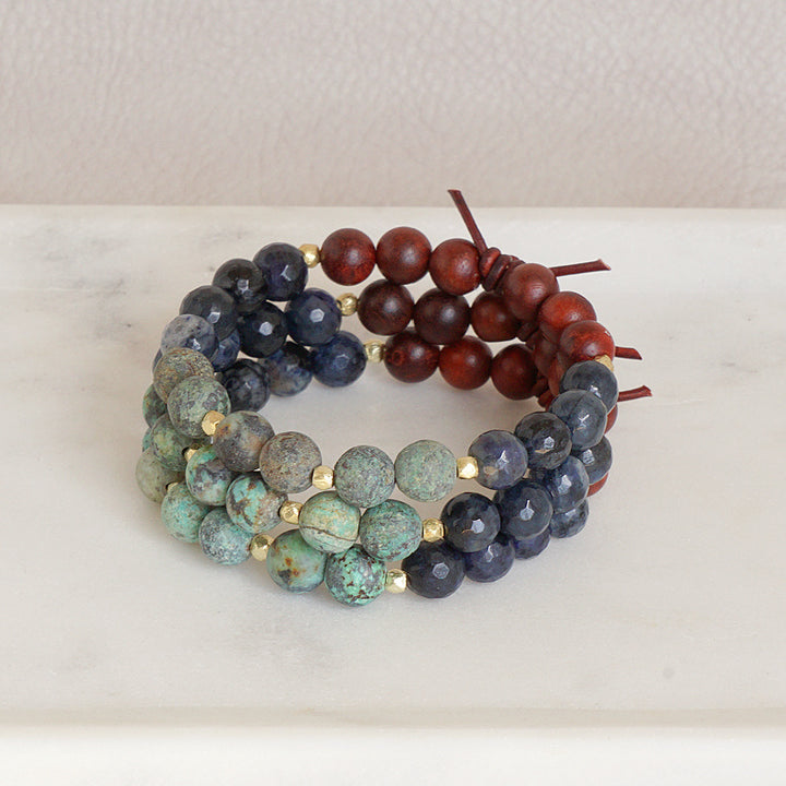 Trust Your Journey Green Set of 3 Bracelets, 8mm Gemstones, African Turquoise, Dumortierite, Dark Wood,  Gold Accents, Leather Knot