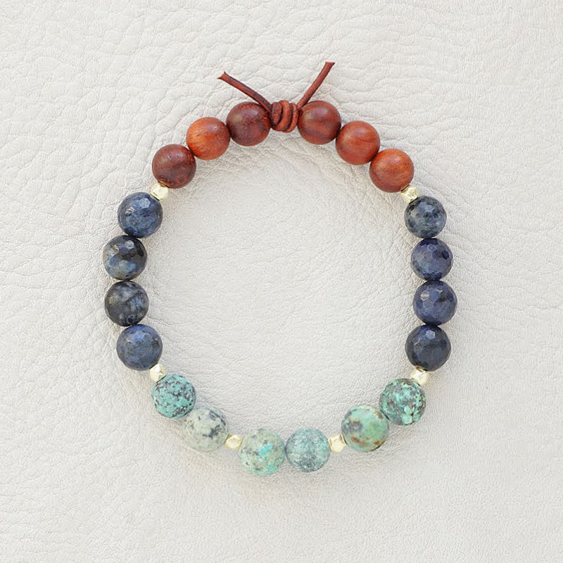 Trust Your Journey Green Bracelet, 8mm Gemstones, African Turquoise, Dumortierite, Dark Wood,  Gold Accents, Leather Knot