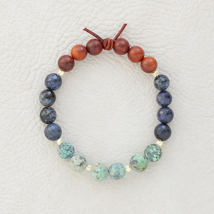Trust Your Journey Green Bracelet, 8mm Gemstones, African Turquoise, Dumortierite, Dark Wood,  Gold Accents, Leather Knot