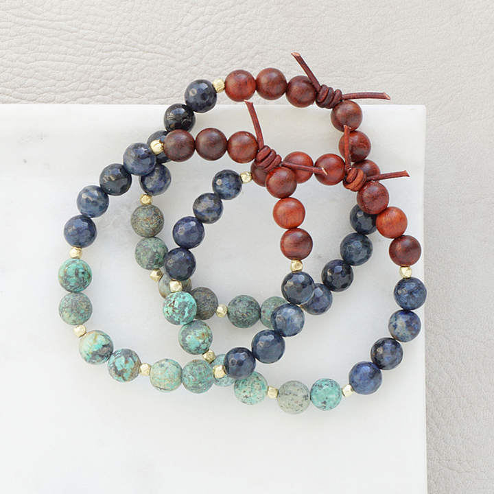 Trust Your Journey Green Set of 3 Bracelets, 8mm Gemstones, African Turquoise, Dumortierite, Dark Wood,  Gold Accents, Leather Knot
