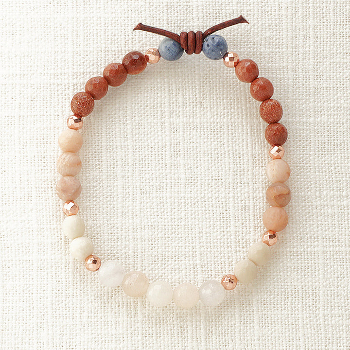 Wives of the Armed Forces Mini Bracelet, Collaboration With Wives of the Armed Forces, 6mm Gemstones, Pink Aventurine, Riverstone Jasper, Sunstone, Goldstone, Blue Coral, Rose Gold Accents, Leather Knot