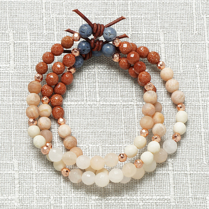 Wives of the Armed Forces Mini Bracelet, Collaboration With Wives of the Armed Forces, 6mm Gemstones, Pink Aventurine, Riverstone Jasper, Sunstone, Goldstone, Blue Coral, Rose Gold Accents, Leather Knot