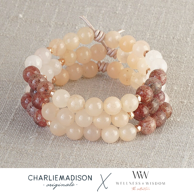 Women Who Do Wonders Bracelet Stack of Three, 8mm Gemstones, Strawberry Quartz, Rose Quartz, Peach Jade, Rose Gold Accents, Leather Knot