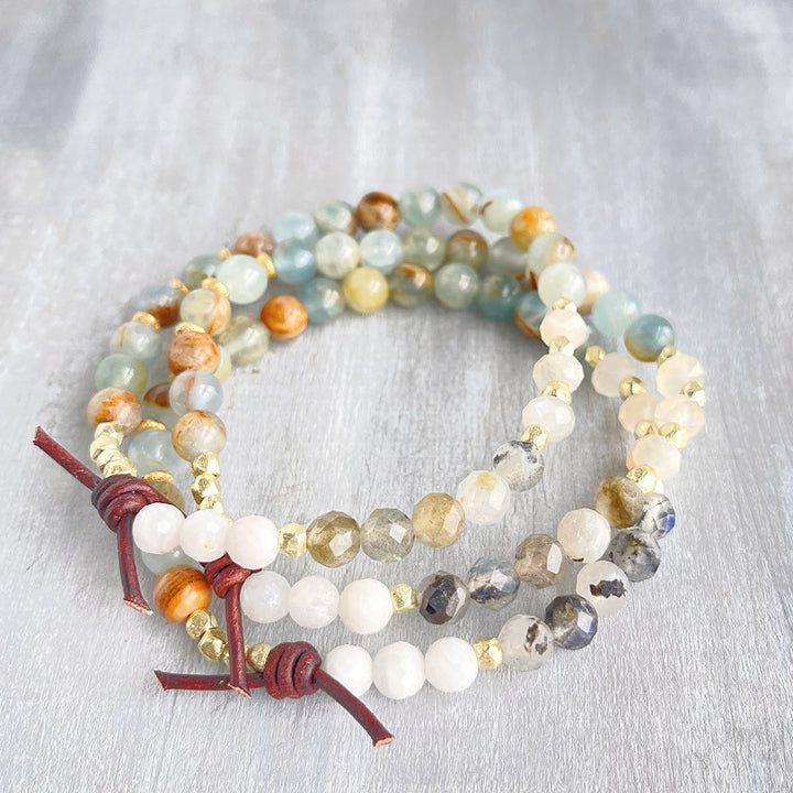 Be Beautiful Mini Bracelet Set of Three, Calcite/Blue Onyx, Moonstone, Labradorite, Rose Rainbow Moonstone, Gold Accents, Leather Knot