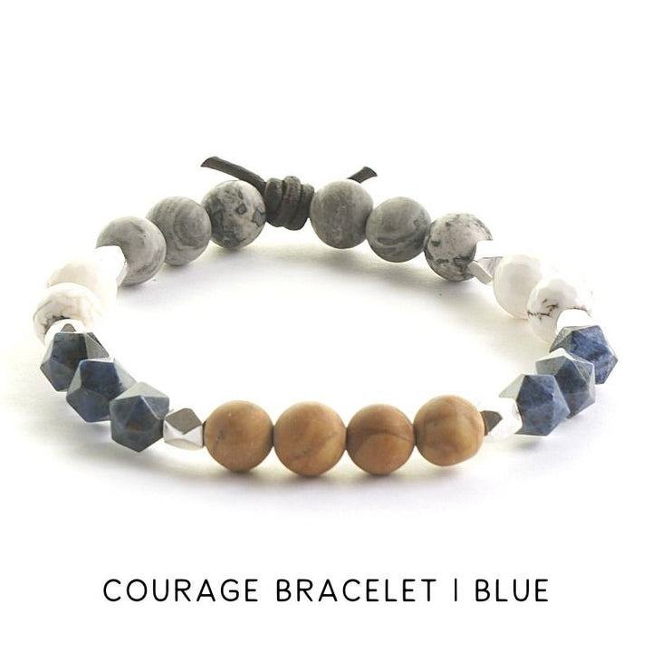 Courage Bracelet, 8mm Gemstones, Sodalite, Wood Jasper, Gray Jasper, Magnesite, Silver Accents, Leather Knot, Military Tribute Bracelet, Honor the Troops, Deployment, Military Jewelry