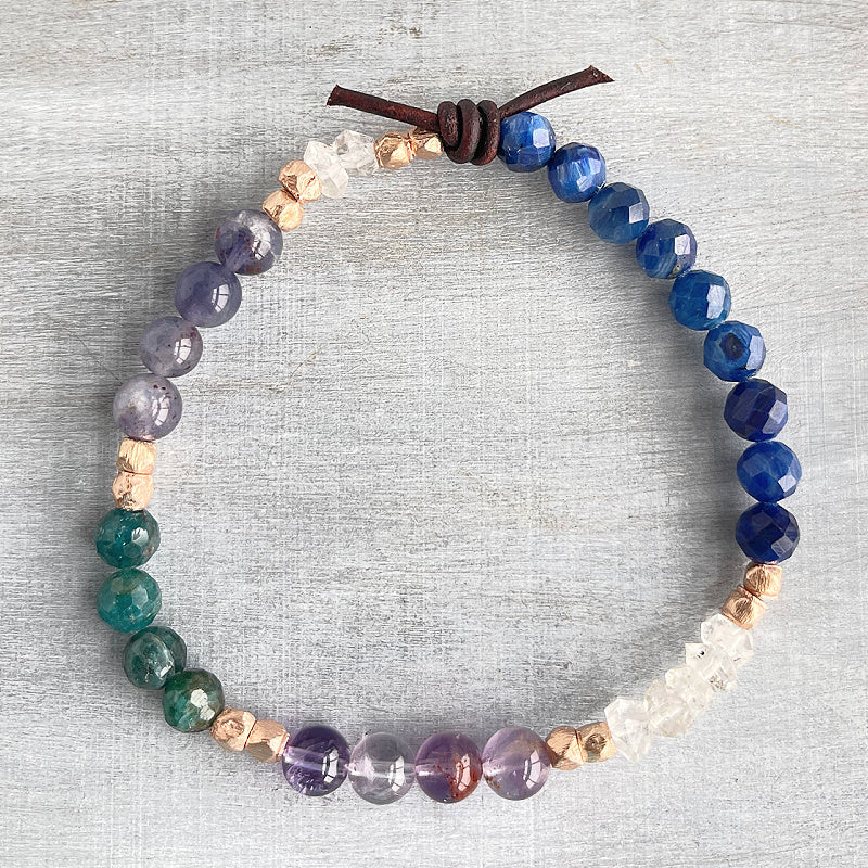 Divinely Guided Bracelet, 6mm Gemstones, Apatite, Kyanite, Phantom Amethyst, Iolite Sunstone, Herkimer Diamond Quartz, Rose Gold, Leather Knot