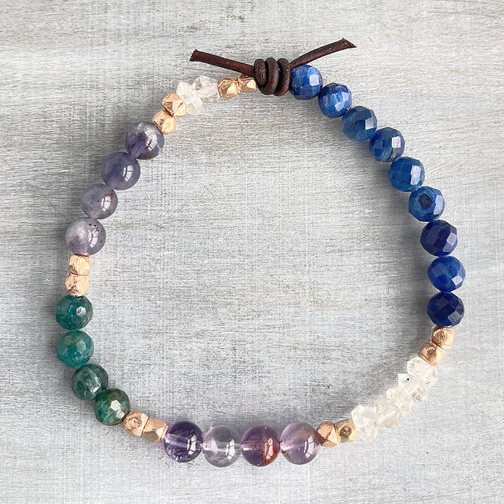 Divinely Guided Bracelet, 6mm Gemstones, Apatite, Kyanite, Phantom Amethyst, Iolite Sunstone, Herkimer Diamond Quartz, Rose Gold, Leather Knot