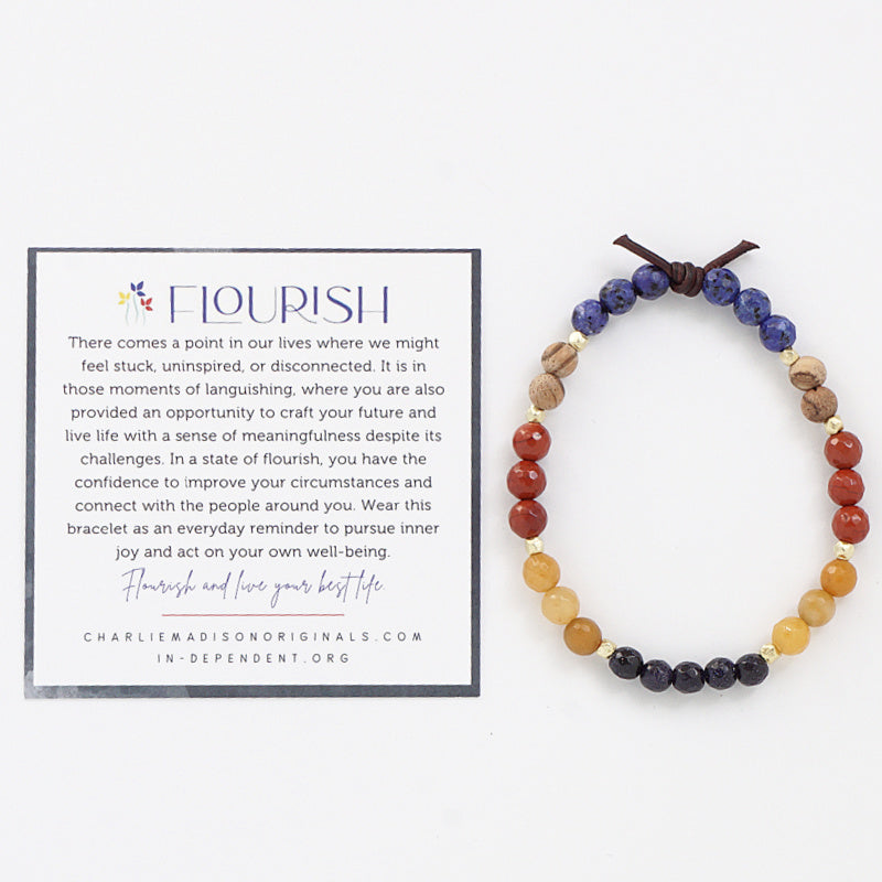 Flourish Bracelet with Meaning Card - There comes a point in our lives where we might feel stuck, uninspired, or disconnected. It is in those moments of languishing, where you are also provided an opportunity to craft your future and live life with a sense of meaningfulness despite its challenges. In a state of flourish, you have the confidence to improve your circumstances and connect with the people around you. Wear this bracelet as an everyday reminder to pursue inner joy and act on your own well-being.