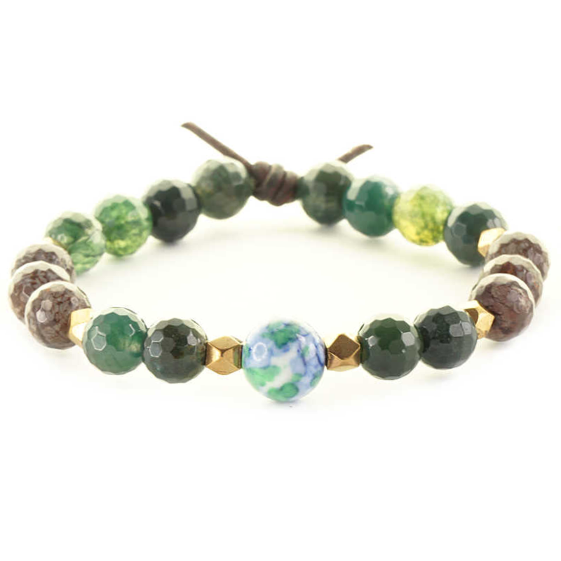 Home Is Where The Military Sends Us Green Bracelet, 8mm Gemstones, Moss Agate, Snow Jasper, Rain Flower Jade, Silver, Leather Knot