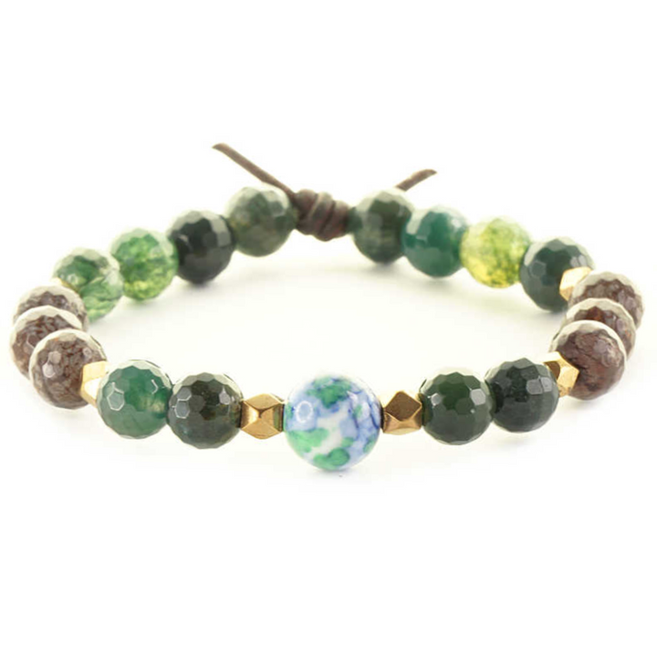 Home Is Where The Military Sends Us Green Bracelet, 8mm Gemstones, Moss Agate, Snow Jasper, Rain Flower Jade, Silver, Leather Knot