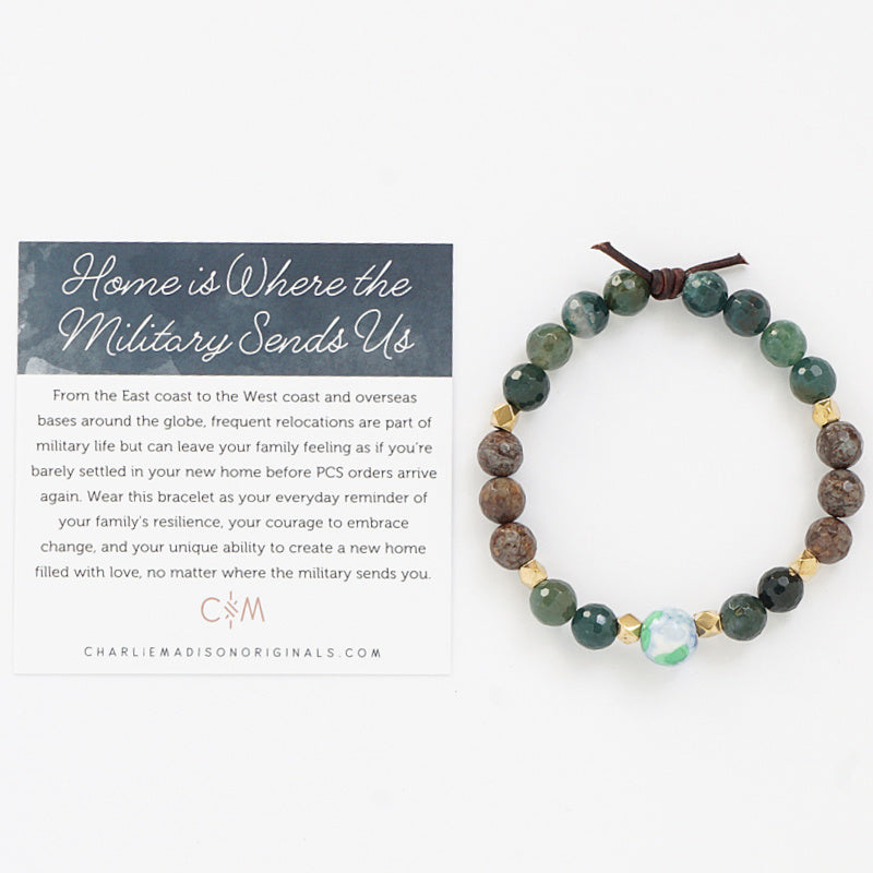 Home Is Where The Military Sends Us Bracelet with Meaning Card - From the East coast to the West coast and overseas bases around the globe, frequent relocations are part of military life but can leave your family feeling as if you’re barely settled in your new home before PCS orders arrive again. Wear this bracelet as your everyday reminder of your family's resilience, your courage to embrace change, and your unique ability to create a new home filled with love, no matter where the military sends you.
