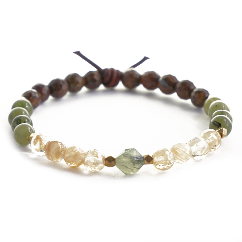 One Day Closer Mini Bracelet, 6mm Gemstones, Champagne Quartz, Green Jade, Bronzite, Prehnite, Gold Accents, Leather Knot