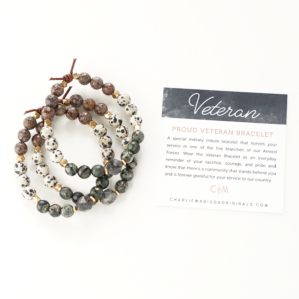 Veteran Bracelet with Meaning Card - A special military tribute bracelet that honors your service in one of the six branches of our Armed Forces. Wear the Veteran Bracelet as an everyday reminder of your sacrifice, courage, and pride and know that there’s a community that stands behind you and is forever grateful for your service to our country.
