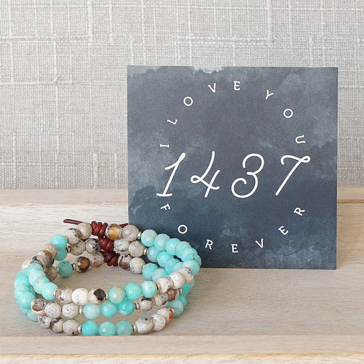 1437 Amazonite Mini Bracelet with Meaning Card - This bracelet holds a secret love code. One color of gemstones is strung into a pattern - 1, 4, 3, 7 - representing the number of letters in the words "I love you forever." Every time you slip this bracelet on your wrist, you'll be reminded that you are truly and deeply loved!