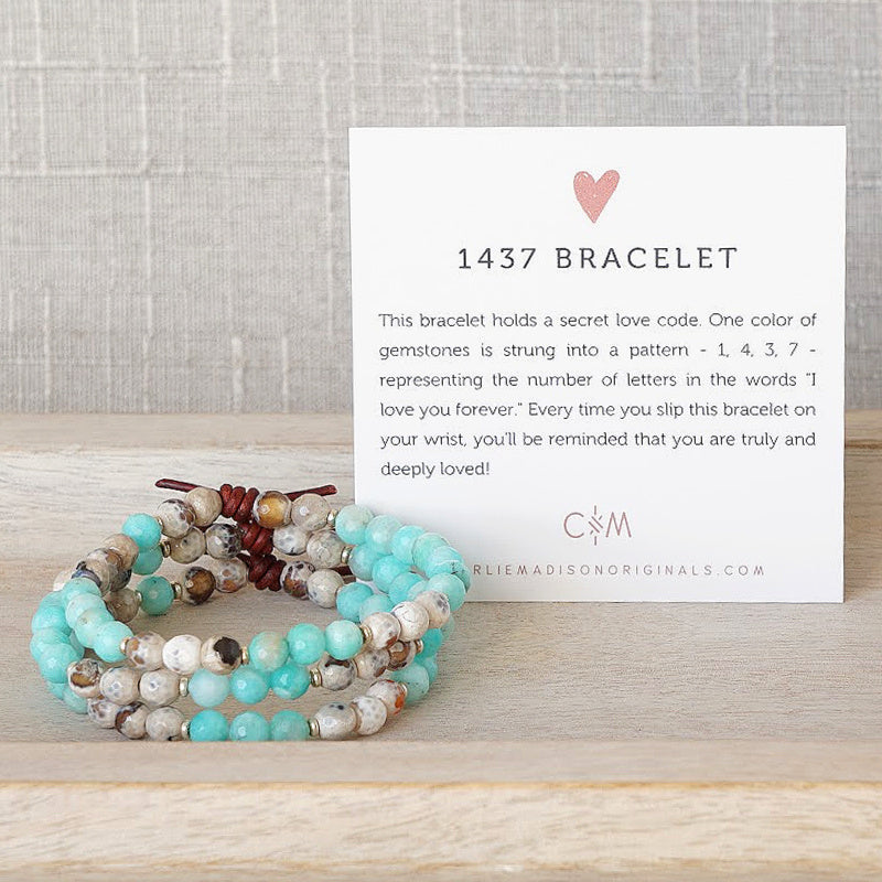 1437 Amazonite Mini Bracelet with Meaning Card - This bracelet holds a secret love code. One color of gemstones is strung into a pattern - 1, 4, 3, 7 - representing the number of letters in the words "I love you forever." Every time you slip this bracelet on your wrist, you'll be reminded that you are truly and deeply loved!