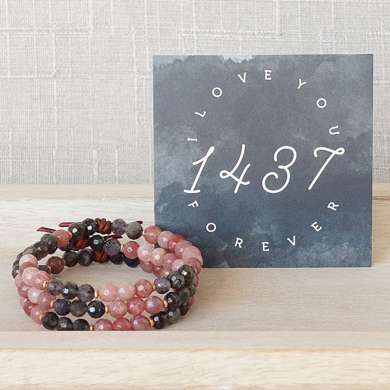 1437 Iolite Mini Bracelet with Meaning Card - This bracelet holds a secret love code. One color of gemstones is strung into a pattern - 1, 4, 3, 7 - representing the number of letters in the words "I love you forever." Every time you slip this bracelet on your wrist, you'll be reminded that you are truly and deeply loved!