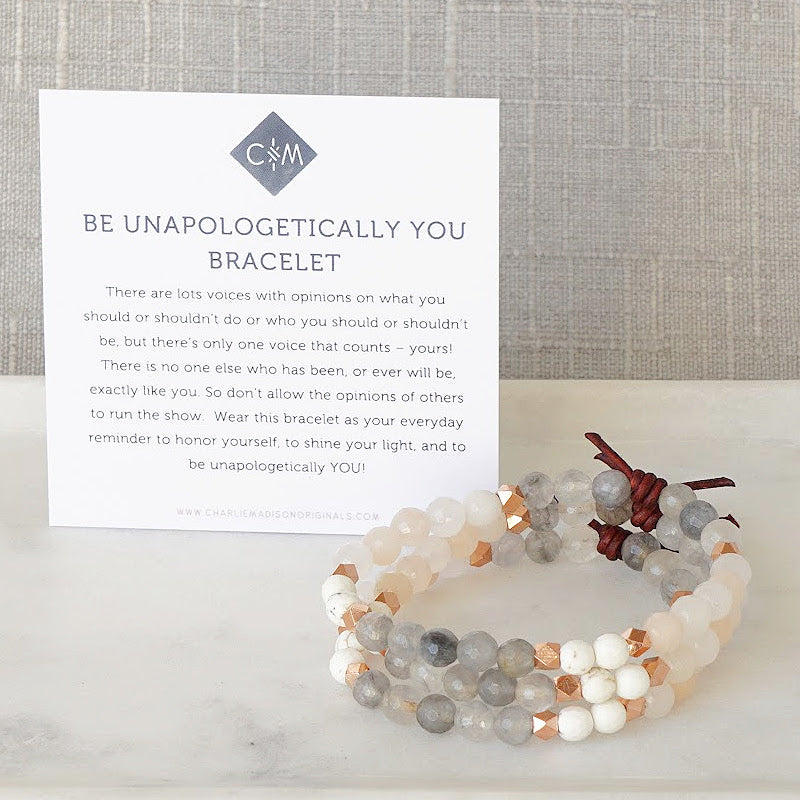 Be Unapologetically You Mini Bracelet With Meaning Card – There is no one else who has been, or ever will be exactly like you. So don’t allow the opinions of others to run the show. Wear this bracelet as your everyday reminder to honor yourself, to shine your light, and to be unapologetically you. 