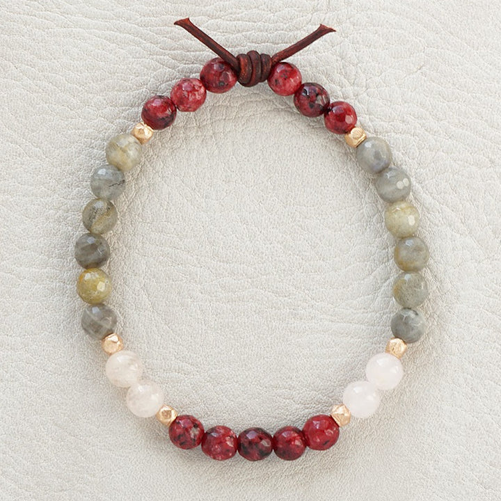 Be Unapologetically You Red Single Mini Bracelet, 6mm Gemstones, red Jade, Labradorite, peach Morganite, Leather Knot, Rose Gold Accents