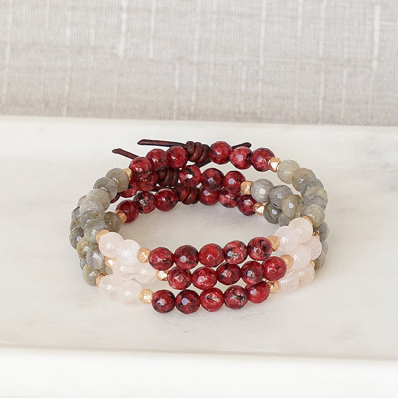 Be Unapologetically You Red Stack of Three Mini Bracelets, 6mm Gemstones, red Jade, Labradorite, peach Morganite, Leather Knot, Rose Gold Accents