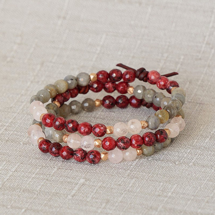Be Unapologetically You Stack of Three Mini Bracelets, 6mm Gemstones, red Jade, Labradorite, peach Morganite, Leather Knot, Rose Gold Accents