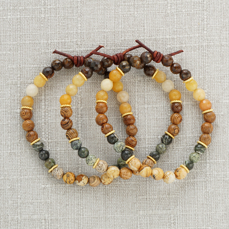 Be Well Mini Bracelet, 6 mm Gemstones, Picture Jasper, yellow Jade, Bronzite, Zebra Jasper, Sennawood, Gold Accents, Essential Oil Jewelry, Essential Oil Diffuser Bracelet, InDependent Wellness Summit Collaboration