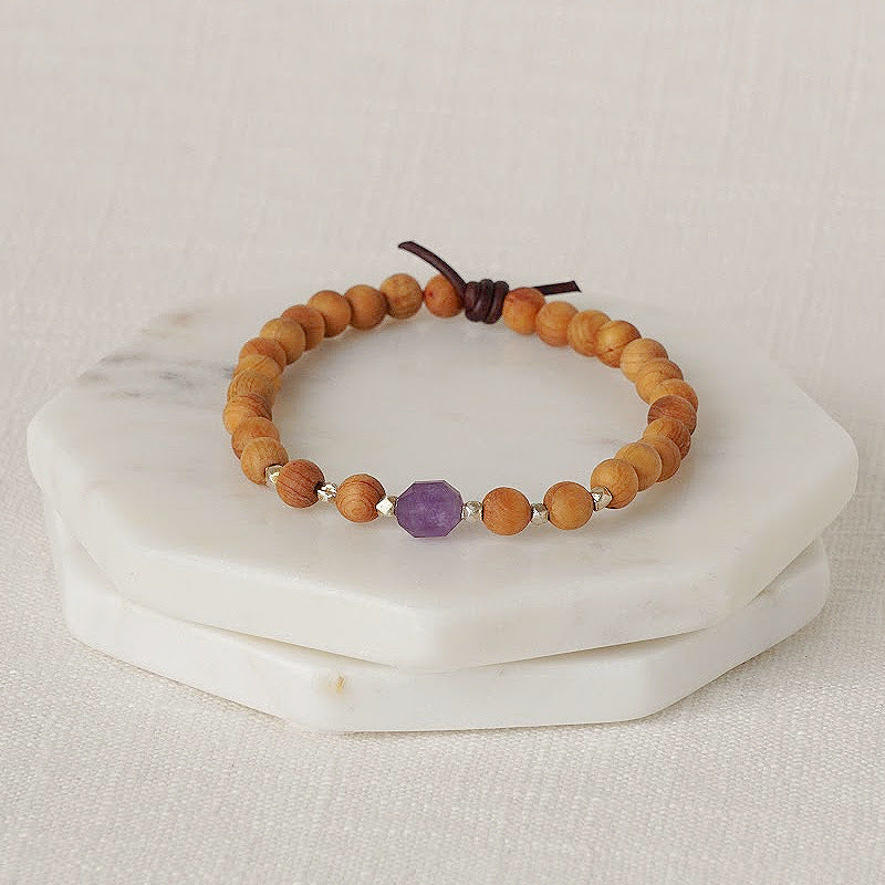Birthstone Bracelet, 6 mm gemstones, Sandalwood, February – Amethyst, Essential Oil Jewelry, Essential Oil Diffuser Bracelet, Wood Diffuser Beads