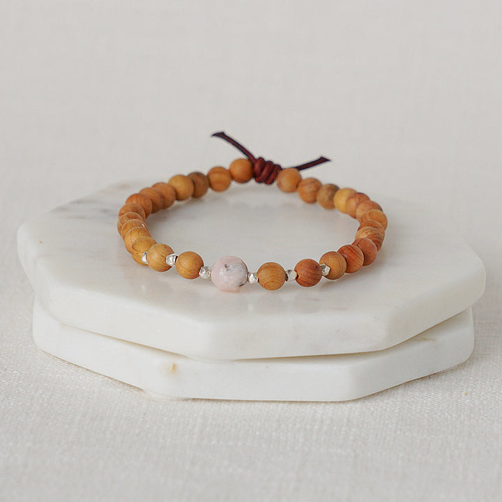 Birthstone Bracelet, 6 mm gemstones, Sandalwood, October - Pink Opal, Essential Oil Jewelry, Essential Oil Diffuser Bracelet, Wood Diffuser Beads