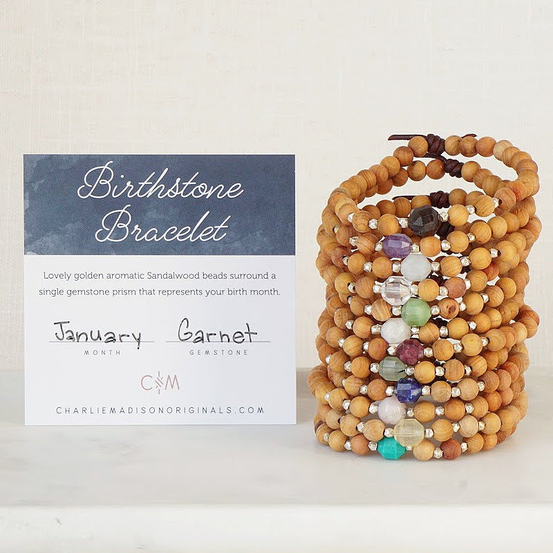 Birthstone Bracelet with Meaning Card – Lovely golden aromatic Sandalwood beads surround a single gemstone prism that represents your birth month. Essential Oil Jewelry. Essential Oil Diffuser Bracelet. Wood Diffuser Beads. 