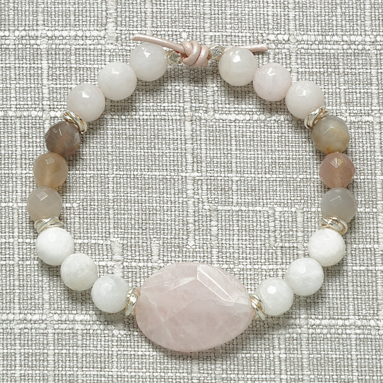 Breast Cancer Awareness Bracelet, 8 mm Gemstones, Rose Quartz, White Moonstone, Gray Moonstone, Pink Leather Knot, Meaningful Jewelry