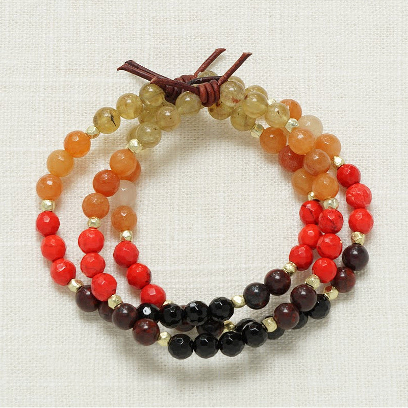 Brighter Than The Fire Mini Bracelet Stack of Three, Sons of the Flag, 6mm Gemstones, Yellow Apatite, Red Aventurine, Red Magnesite, Red Jasper, Black Onyx