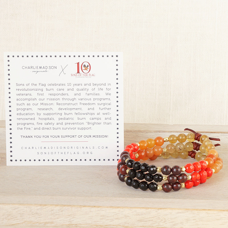 Brighter Than The Fire Mini Bracelet With Meaning Card - Brighter than the Fire is a Fire Safety & Prevention program that focuses on educating and raising awareness of potential fire hazards in the workplace, schools, and especially in the home, whether it be a free-standing home or an apartment building. "I will proudly wear this flame, as a reminder that the fire only made me stronger and that I am taking its power back!" ~ Zachary Sutterfield, Burn Survivor Ambassador, Sons of the Flag