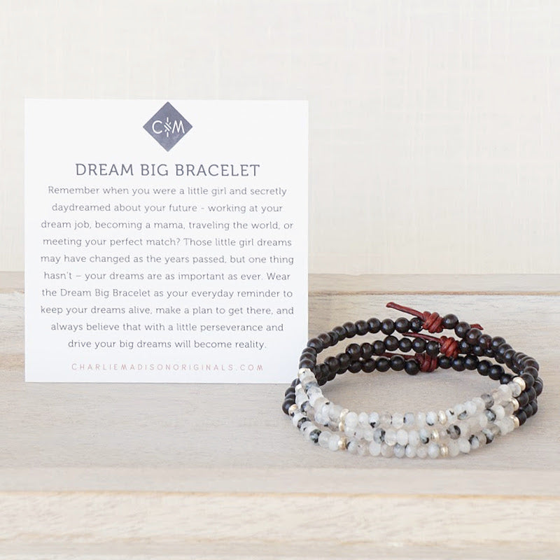 Dream Big Rainbow Moonstone Tiny Bracelet Stack of Three with Meaning Card- Wear the Dream Big Bracelet as your everyday reminder to keep your dreams alive, make a plan to get there, and always believe that with a little perseverance and drive your big dreams will become reality.