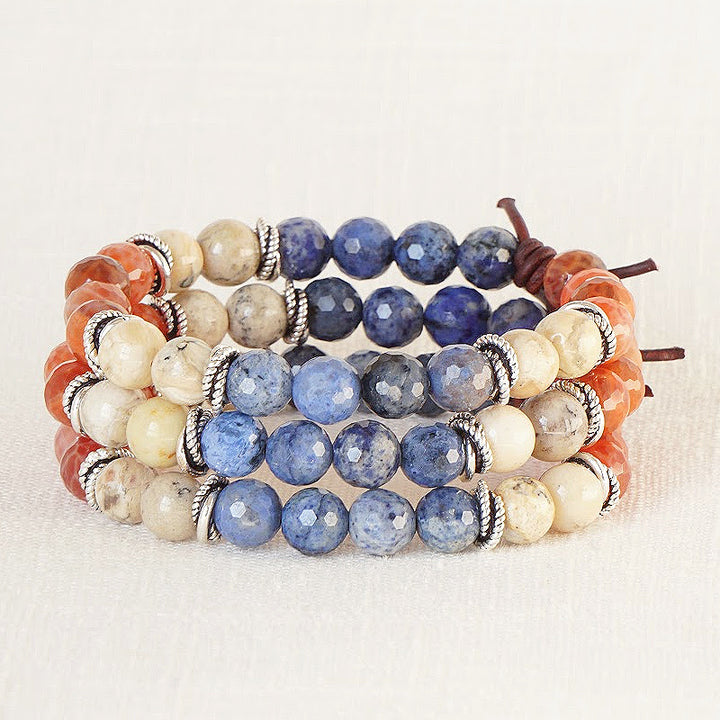 Freedom Bracelet Stack of Three, 8mm Gemstones, Fire Agate, Dumortierite, African Opal, Silver, Leather Knot