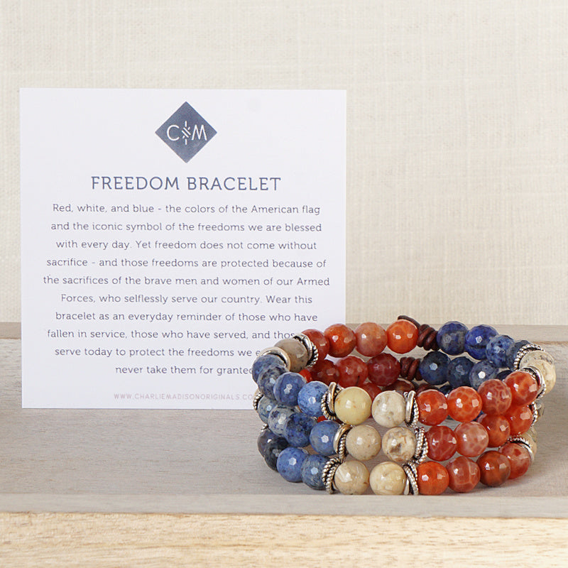 Freedom Bracelet with Meaning Card - Freedom does not come without sacrifice - and those freedoms are protected because of the sacrifices of the brave men and women of our Armed Forces, who selflessly serve our country. Wear the Freedom Bracelet as a reminder of those who have fallen in service, those who have served, and those who serve today to protect the freedoms we enjoy. Let us never take them for granted!