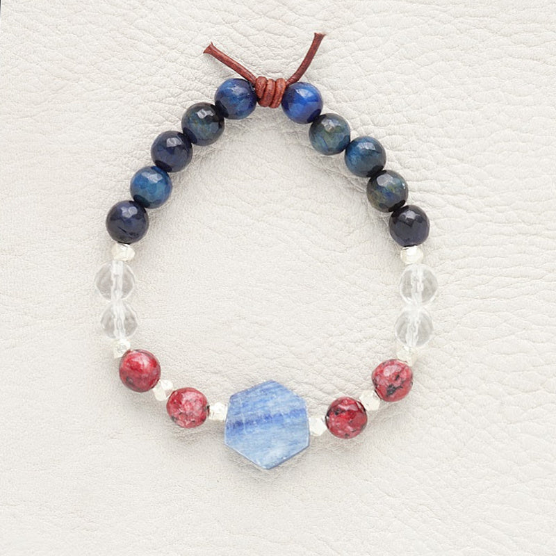 Got Your Six Bracelet, 8mm Gemstones, Blue Tiger's Eye, Clear Quartz, Spotted Red Jade, Blue Kyanite, Silver, Leather Knot