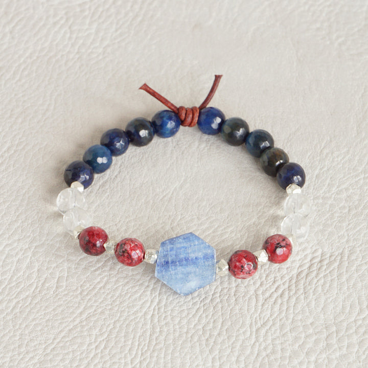 Got Your Six Bracelet, 8mm Gemstones, Blue Tiger's Eye, Clear Quartz, Spotted Red Jade, Blue Kyanite, Silver, Leather Knot