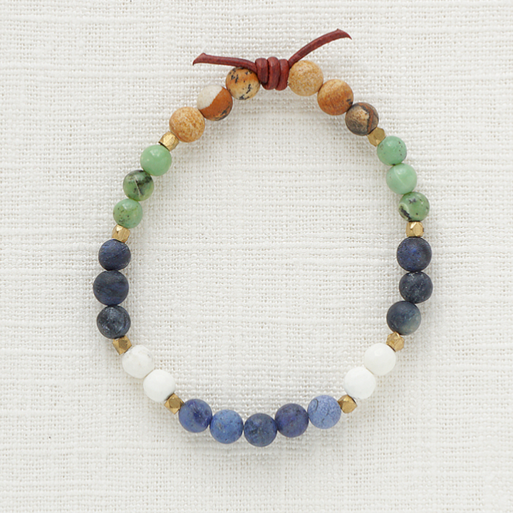 Home of The Brave Bracelet, 6mm Gemstones, Dumortierite, Picture Jasper, Magnesite, Green Opal, Gold, Leather Knot