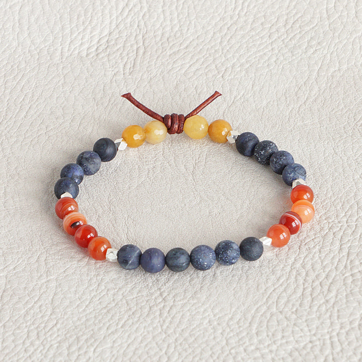 In My Heart Coast Guard Mini Bracelet, 6mm Gemstones, Dumortierite, Botswana Agate, Yellow Jade, Gold, Leather Knot