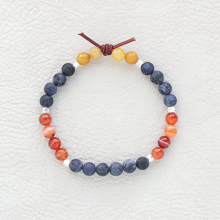 In My Heart Coast Guard Mini Bracelet, 6mm Gemstones, Dumortierite, Botswana Agate, Yellow Jade, Gold, Leather Knot