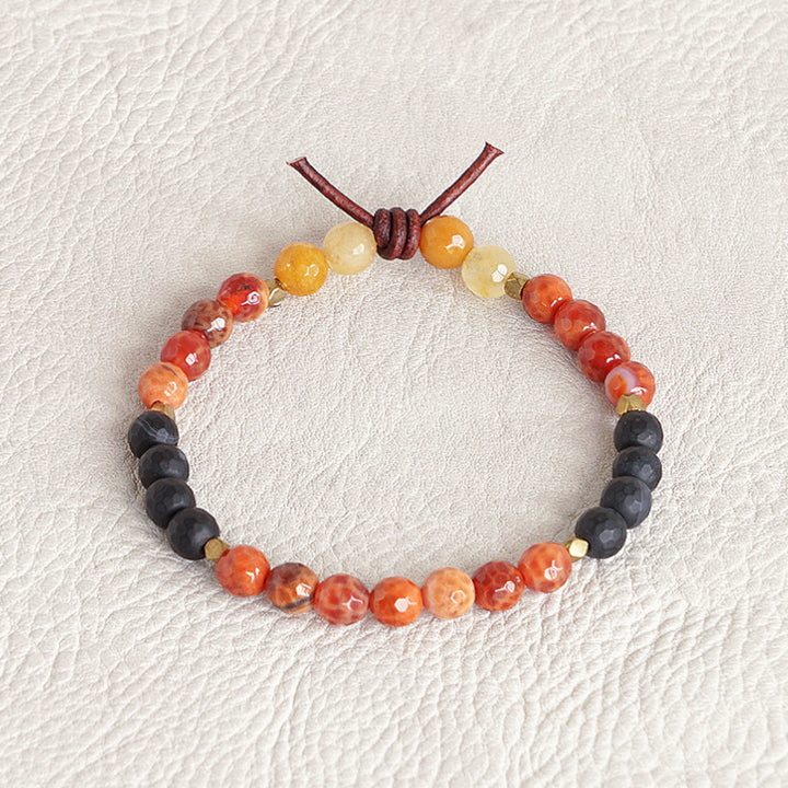 In My Heart Marine Corps Mini Bracelet, 6mm Gemstones, Fire Agate, Black Onyx, Yellow Jade, Gold, Leather Knot