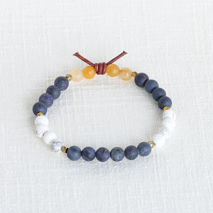 In My Heart Navy Mini Bracelet, 6mm Gemstones, Dumortierite, Howlite, Yellow Jade, Gold, Leather Knot