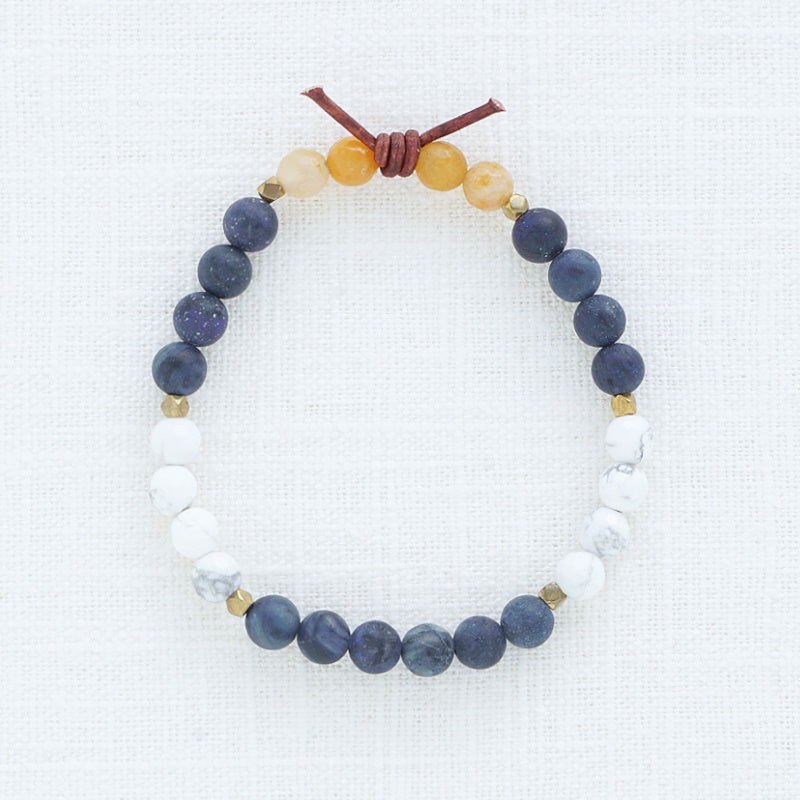 In My Heart Navy Mini Bracelet, 6mm Gemstones, Dumortierite, Howlite, Yellow Jade, Gold, Leather Knot