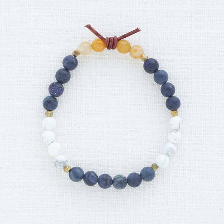 In My Heart Navy Mini Bracelet, 6mm Gemstones, Dumortierite, Howlite, Yellow Jade, Gold, Leather Knot